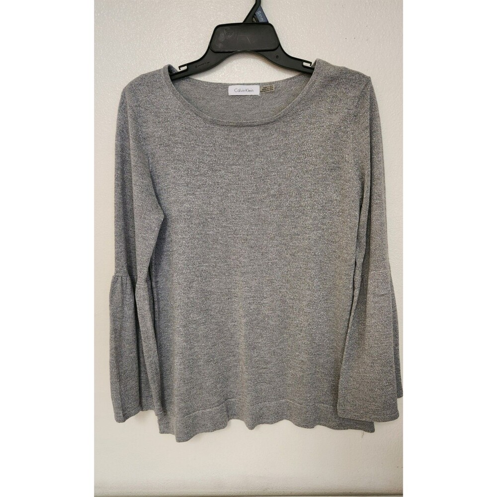 CALVIN KLEIN Lightweight Trumpet Sleeve SWEATER Silver metalic Gray Med ,Large